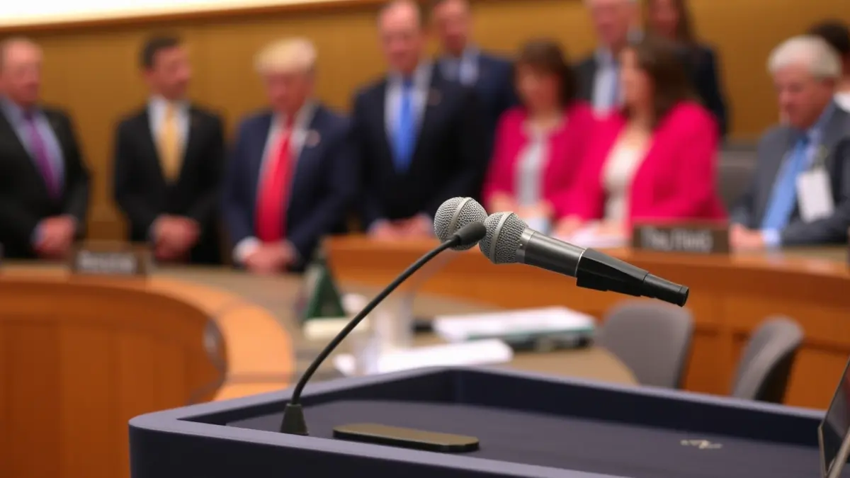 Generic image of a microphone on a podium, symbolizing a political debate or press conference.