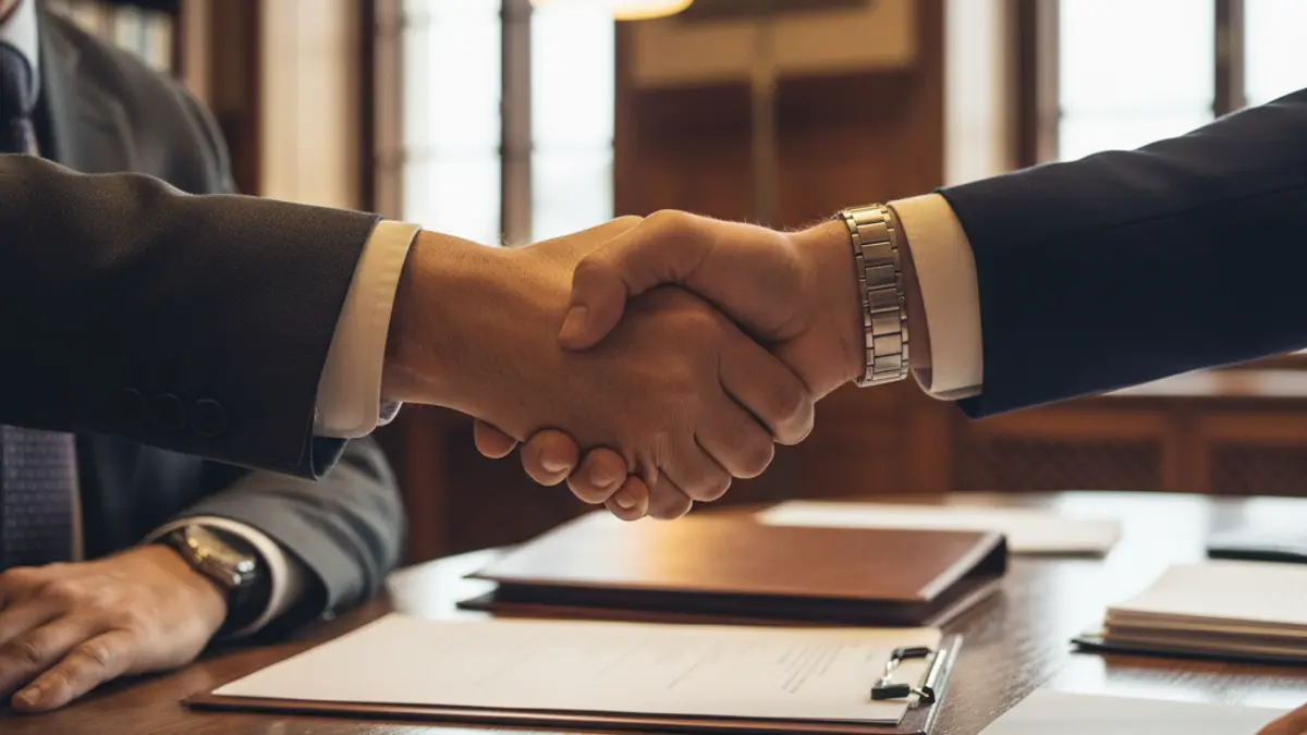 Imagen genérica de dos personas dándose la mano en un entorno de oficina, simbolizando un cambio de liderazgo.