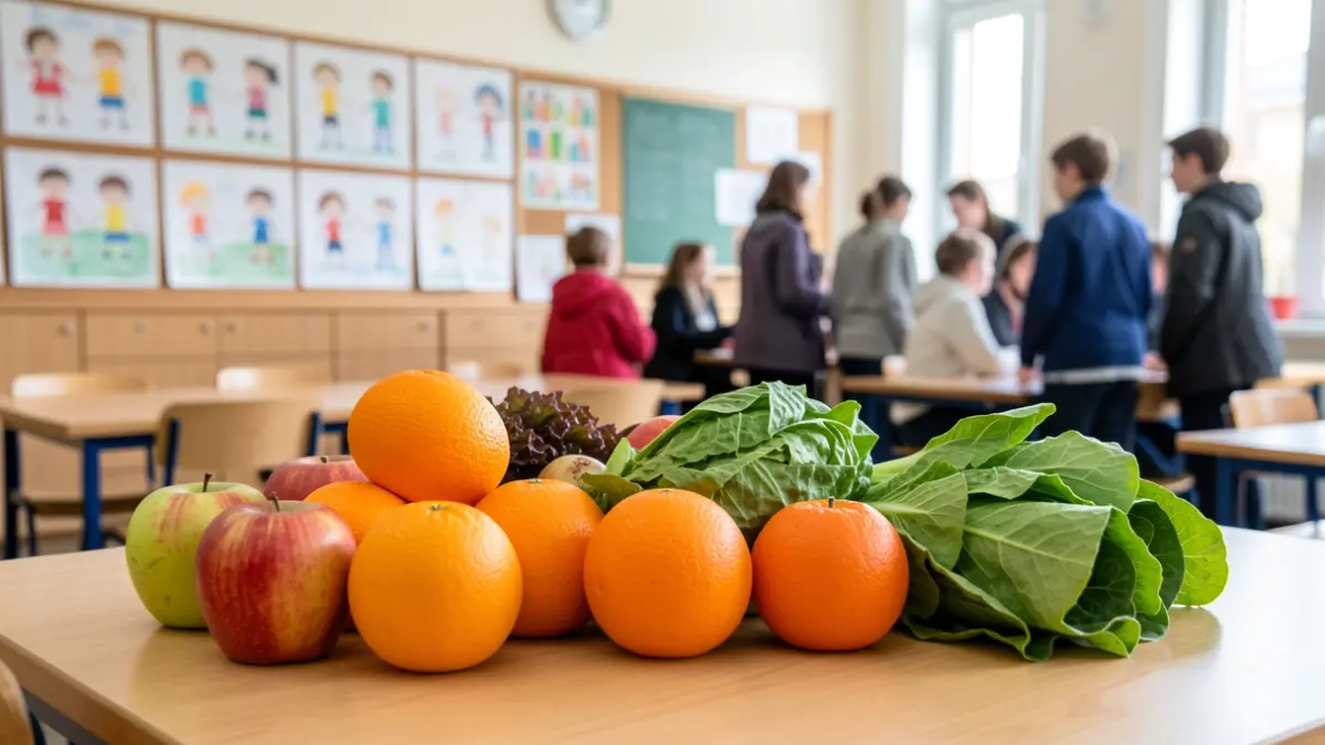 Generic image of fresh fruits and vegetables on a school dining table.