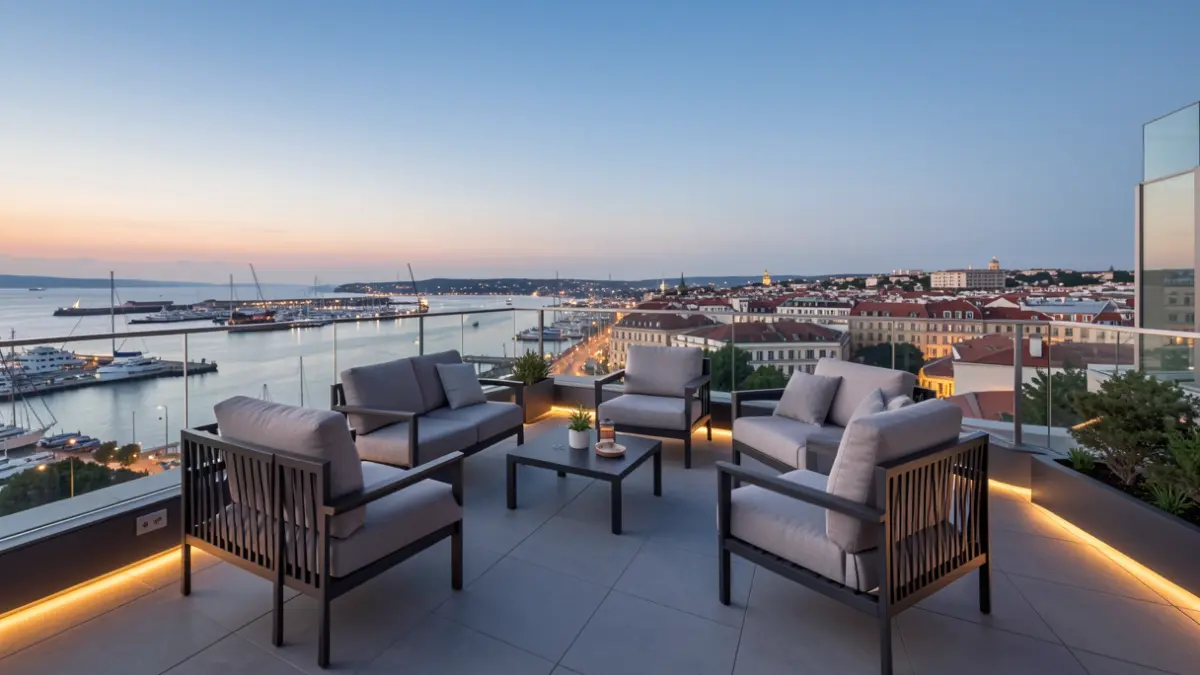 General view of a modern rooftop terrace with evening atmosphere.