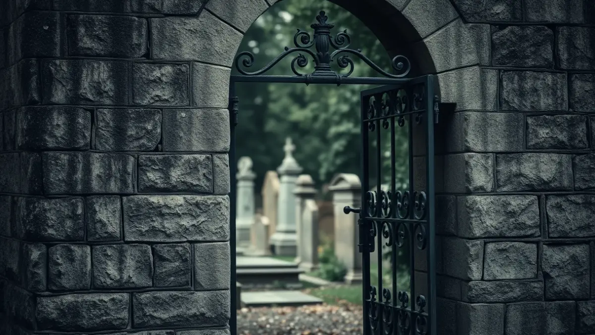 Imagen de un antiguo cementerio con una verja de hierro, evocando un ambiente histórico y solemne.