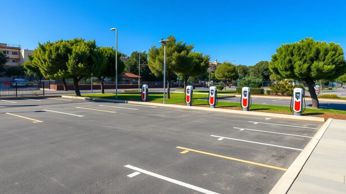 Generic image of a parking lot with electric vehicle charging points.