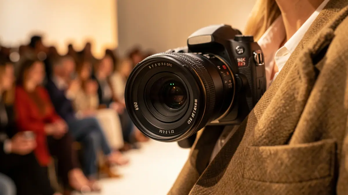 Close-up of a professional camera lens focusing on a detail of a fashion garment, with blurred background elements suggesting a runway or studio setting. Warm, artistic lighting.