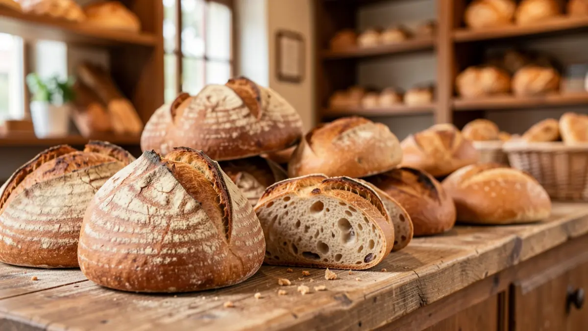 Generic image of artisanal breads and pastries in a bakery.