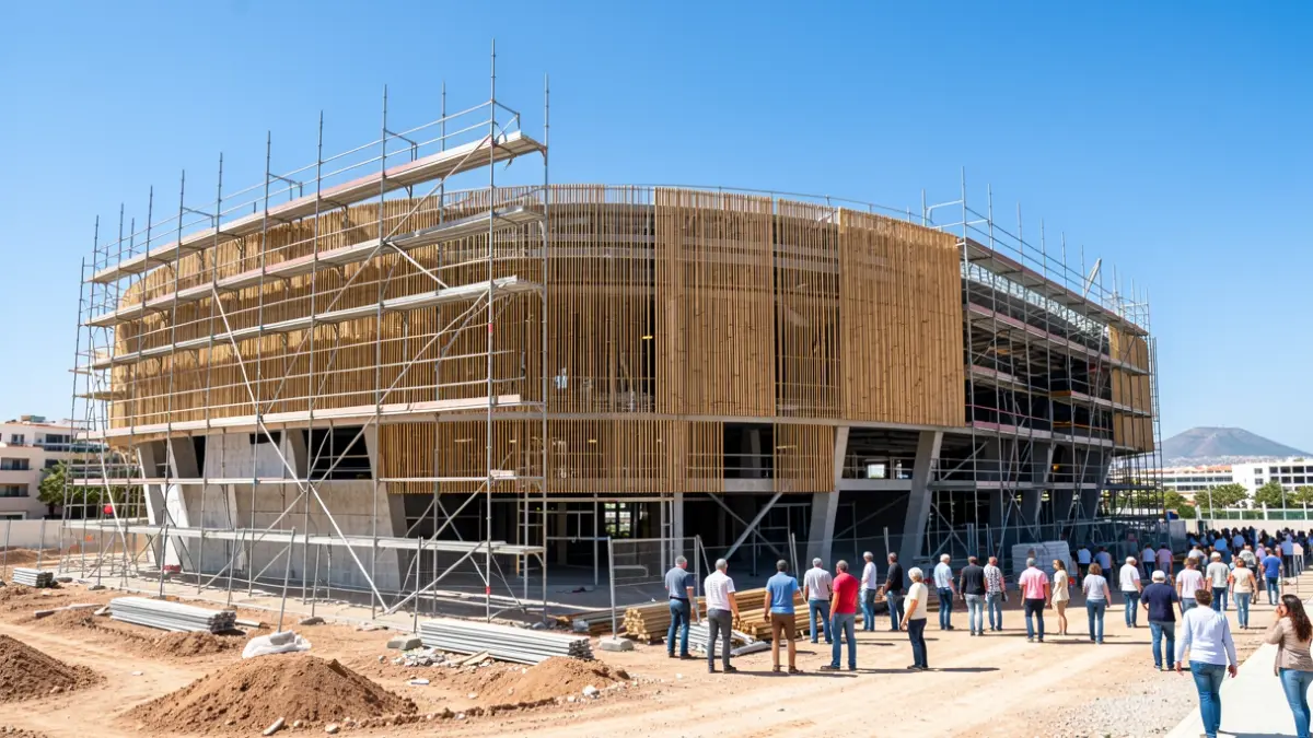 Image of the construction of the Insular Sports Center in Las Palmas de Gran Canaria, showing the progress of the structure and the new bamboo facade.