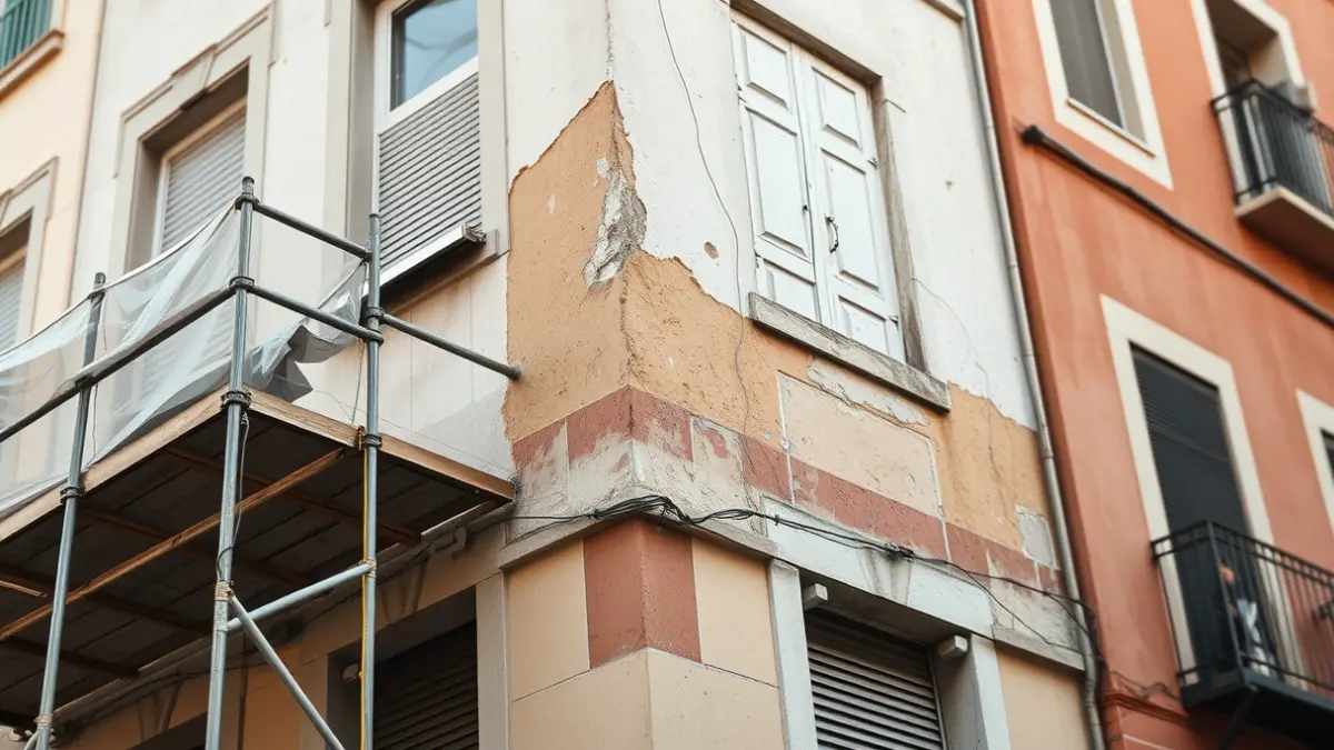 Imagen genérica de la fachada de un edificio en obras, con andamios.
