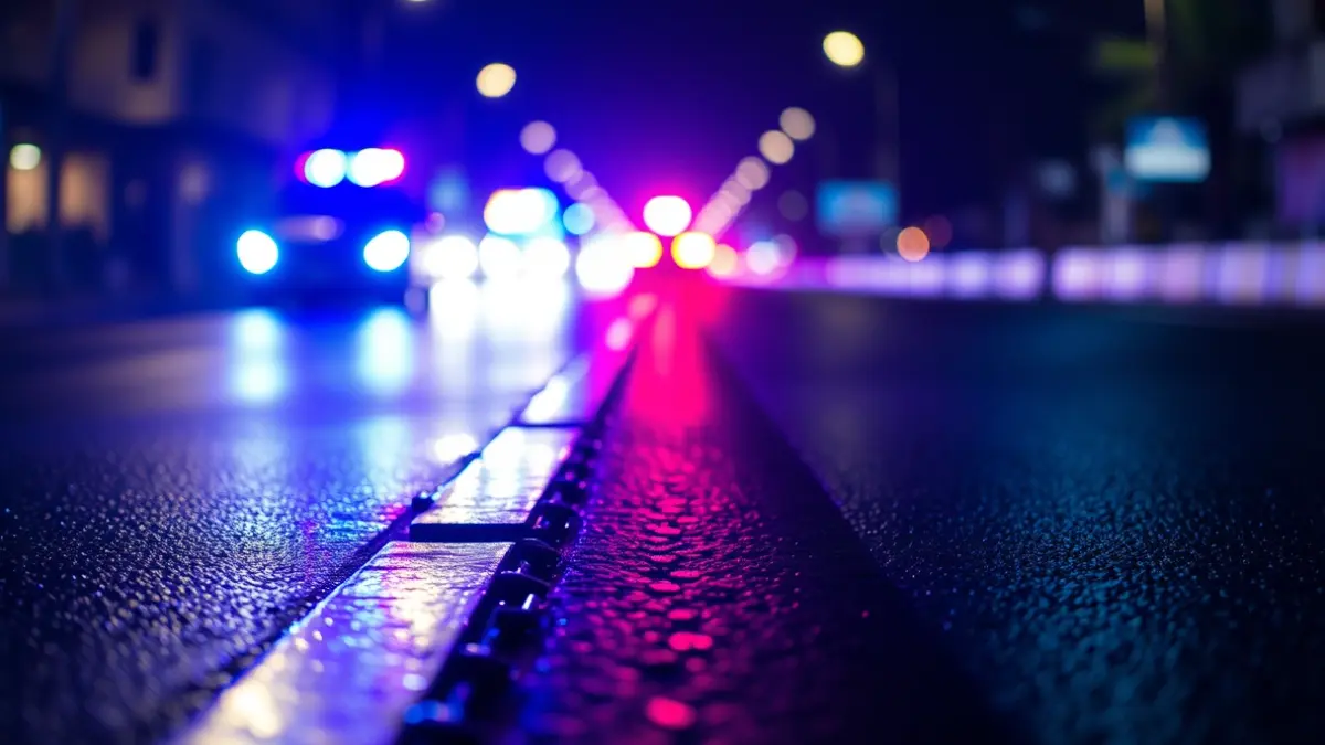 Imagen genérica de luces de emergencia policiales reflejadas en el asfalto mojado.