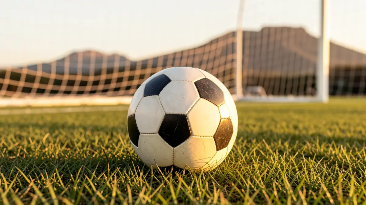 Generic image of a soccer ball on grass with the goal net out of focus.