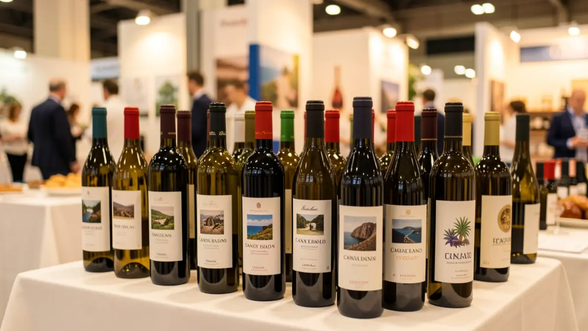 Generic image of Canary Islands wine bottles at a trade fair.