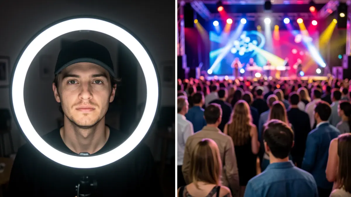 Conceptual image contrasting the artificial light of online content creation with the atmosphere of a cultural event.