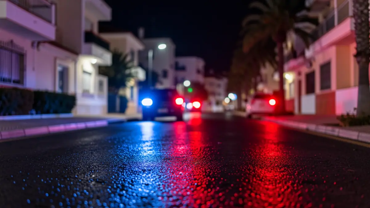 Imagen genérica de luces de emergencia policiales reflejándose en el asfalto mojado por la noche.