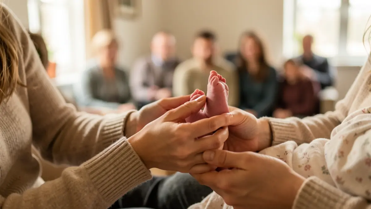 Primer plano de los pies de un bebé recién nacido en manos de una mujer.