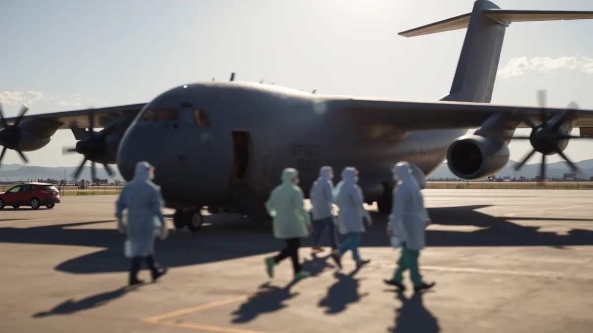 Military aircraft on tarmac with medical personnel and disembarking passengers
