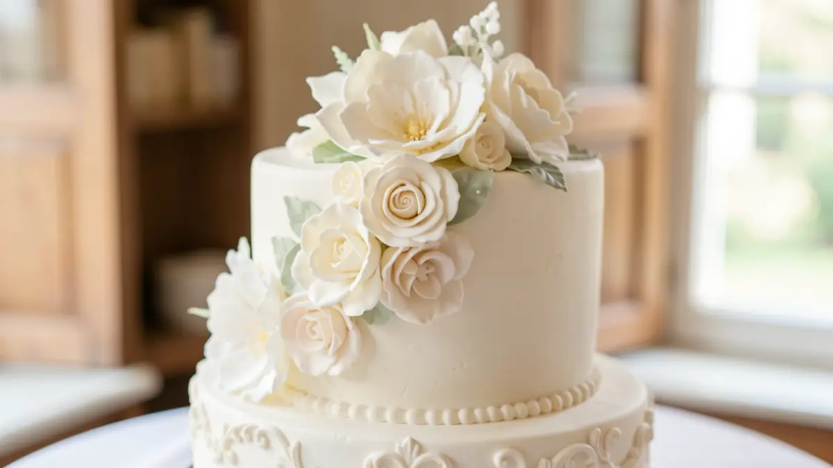 Close-up of a wedding cake decorated with sugar flowers and pastry details.