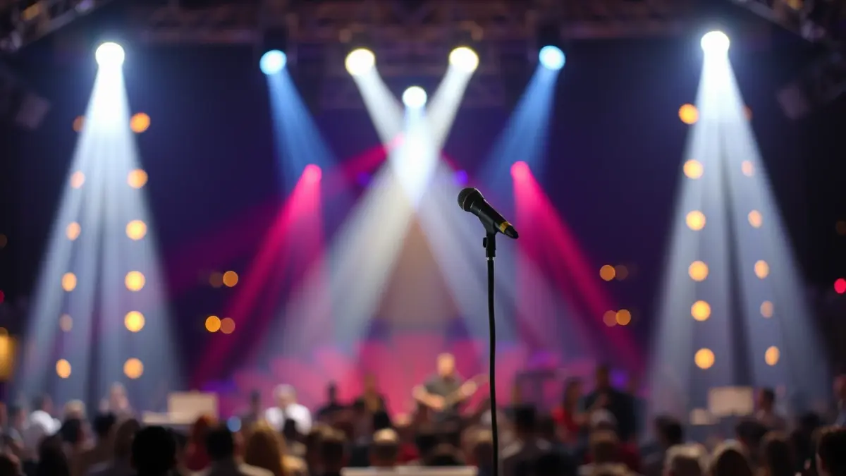 Generic image of a concert stage with lights and a microphone.