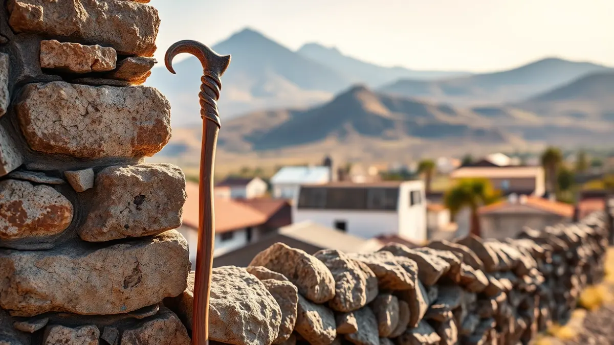 Image of a shepherd's staff leaning against a stone wall in Gran Canaria, with a volcanic landscape in the background.