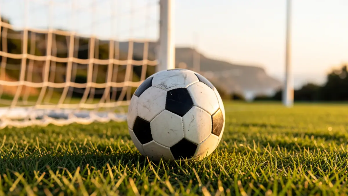 Generic image of a soccer ball on grass with a blurred goal net in the background.