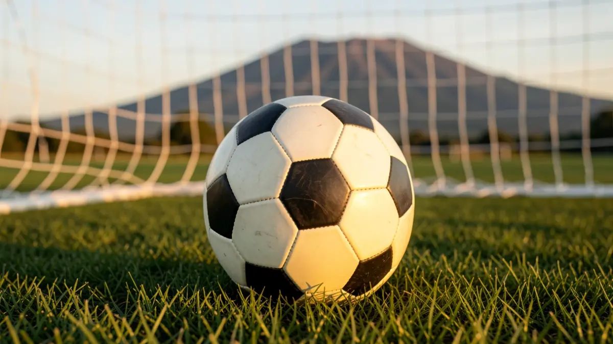 Imagen genérica de un balón de fútbol sobre césped con la red de portería desenfocada.