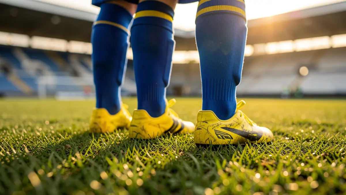 Close-up of a young footballer's feet in blue and yellow socks on a stadium pitch.