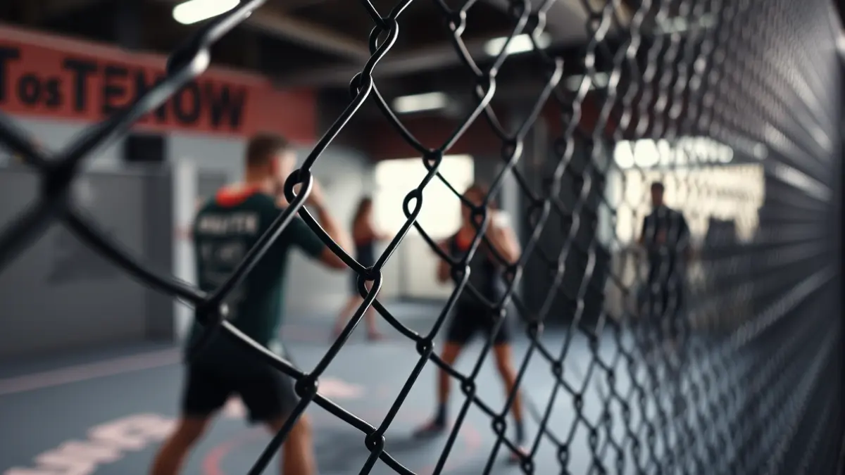 Generic image of a mixed martial arts (MMA) cage with blurred figures training in the background.