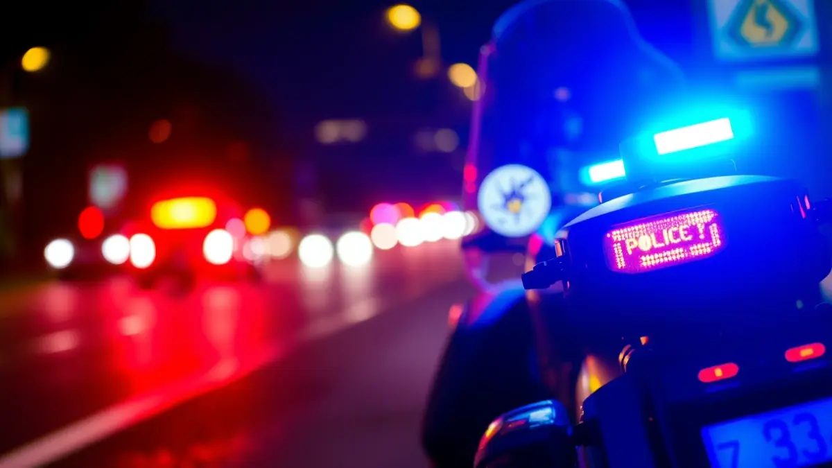 Imagen genérica de una motocicleta policial con luces de emergencia en la noche.