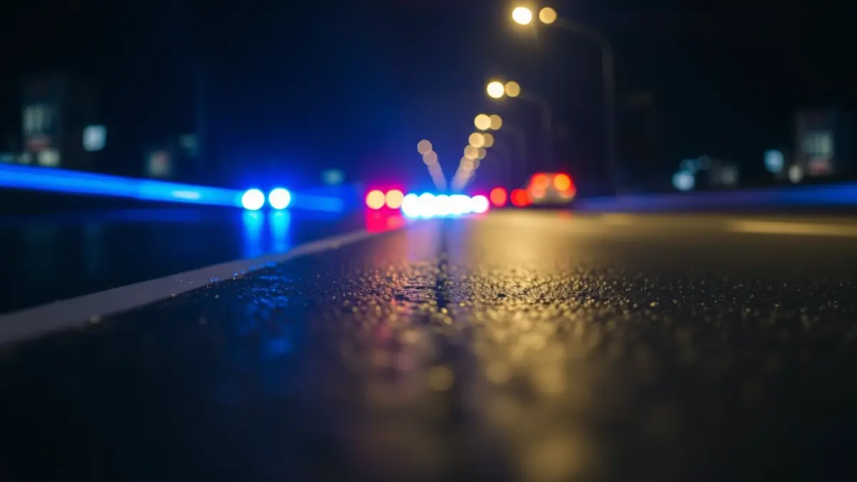 Generic image of police emergency lights reflecting on wet asphalt.