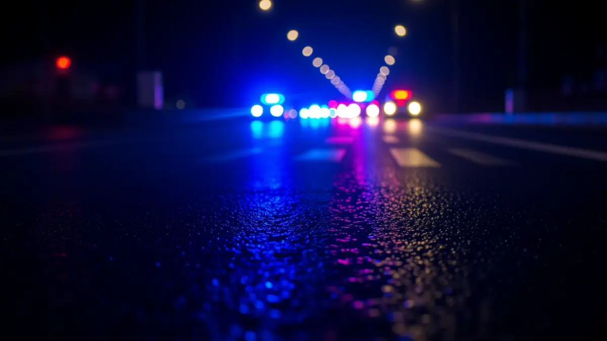 Imagen genérica de luces de emergencia policiales reflejadas en el asfalto mojado.