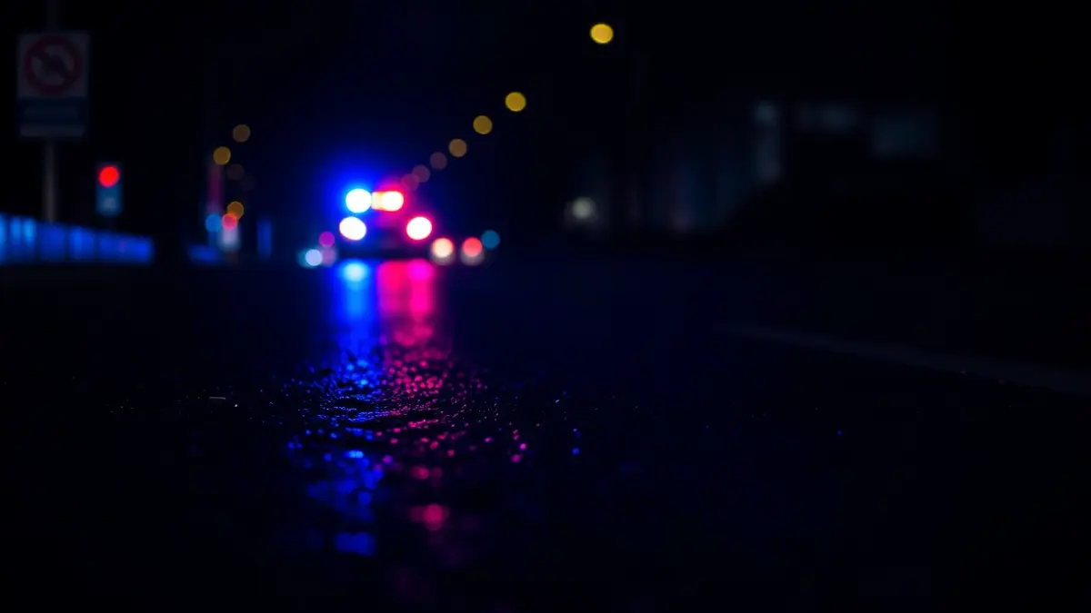 Generic image of police emergency lights reflecting on wet asphalt.