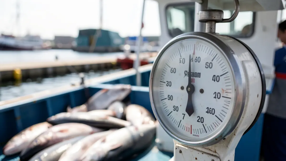 Image of an onboard fishing scale with blurred fish, showing a slight weight difference.