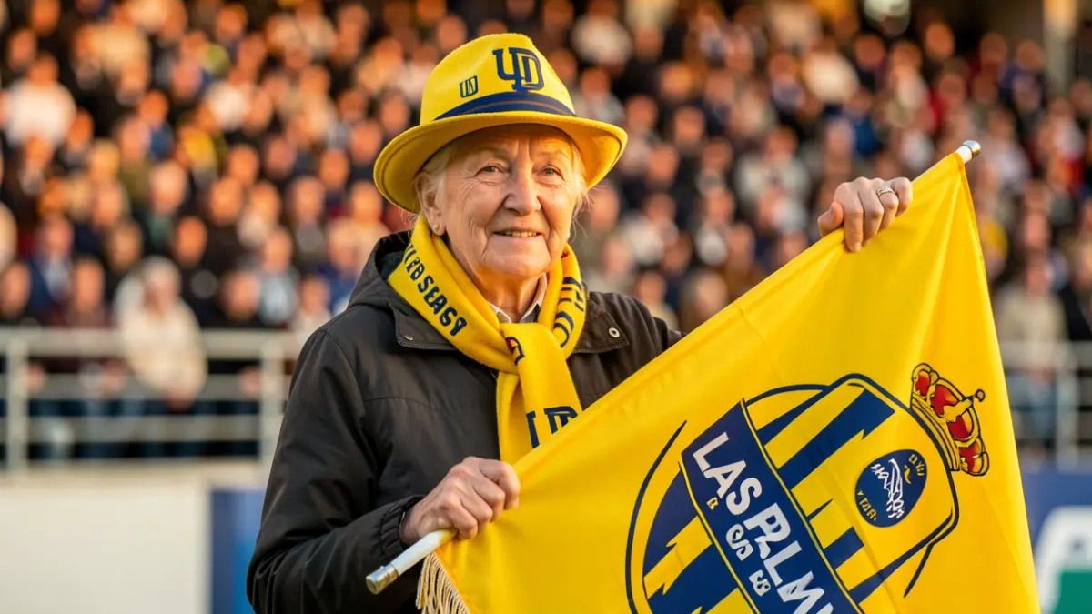 Aficionada de la UD Las Palmas con bufanda y gorro, animando en un estadio.