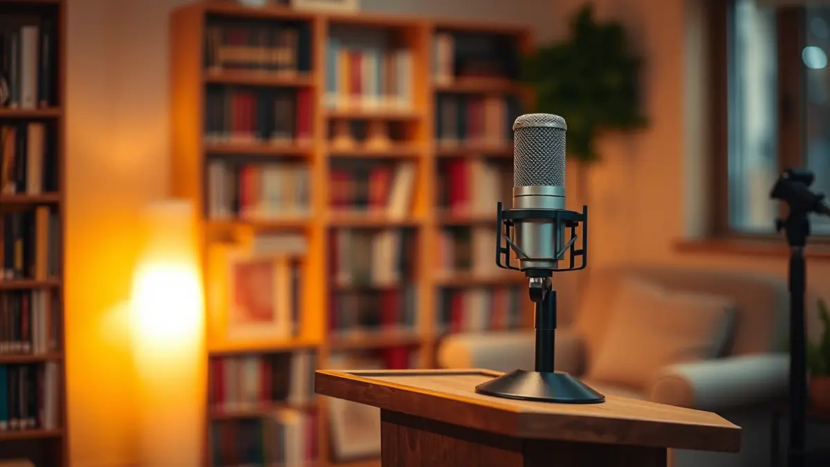 Generic image of a microphone in a podcast studio, with a warm and inviting atmosphere.