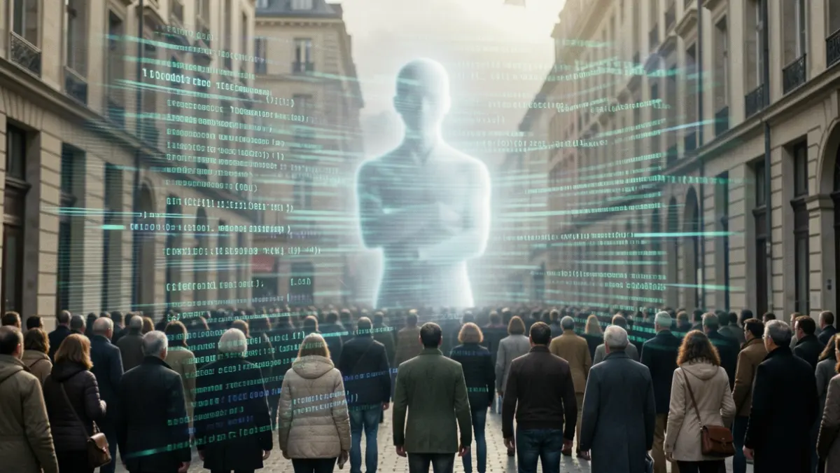 Imagen genérica de inteligencia artificial aplicada al cine, con patrones de código digital y texturas de rollo de película.