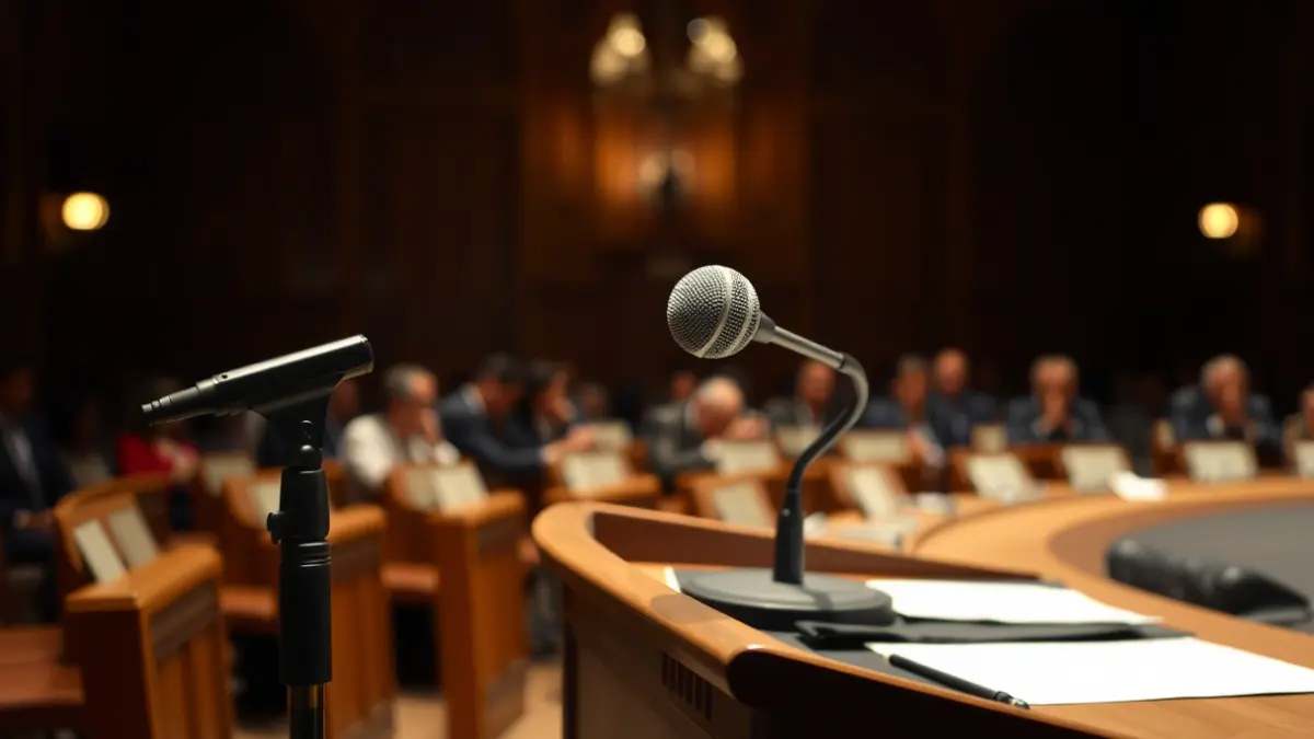 Image of a microphone on a podium, symbolizing a public meeting or statement.