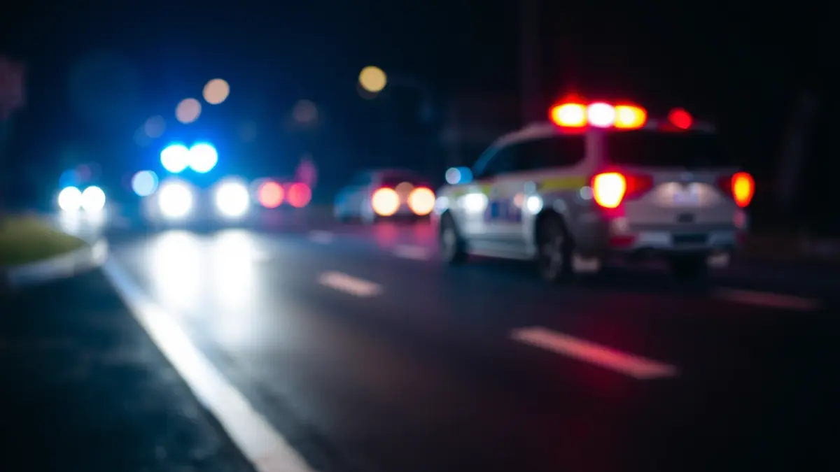 Generic image of emergency lights reflected on wet asphalt.