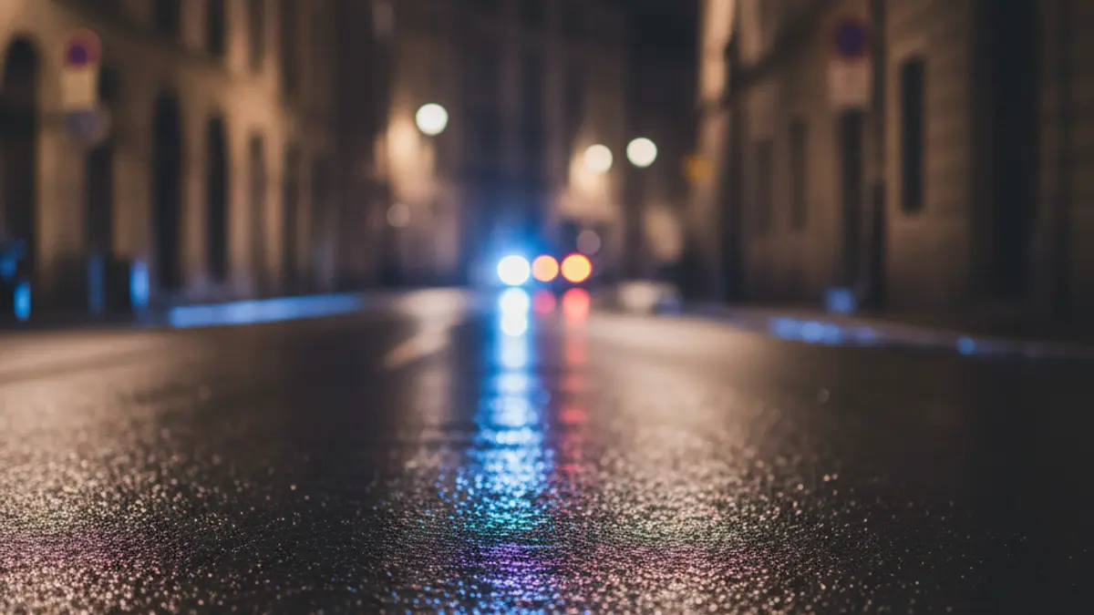 Generic image of emergency lights reflected on wet asphalt.