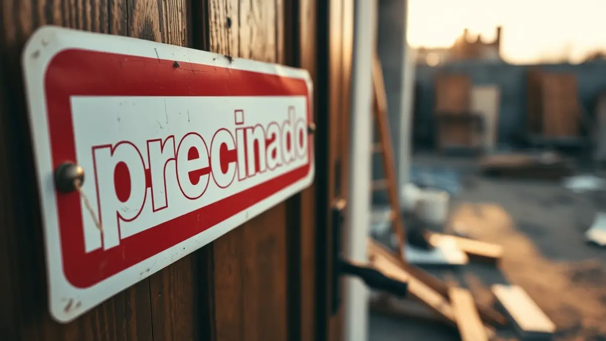 Sealed sign on a wooden door, with blurred construction tools in the background.