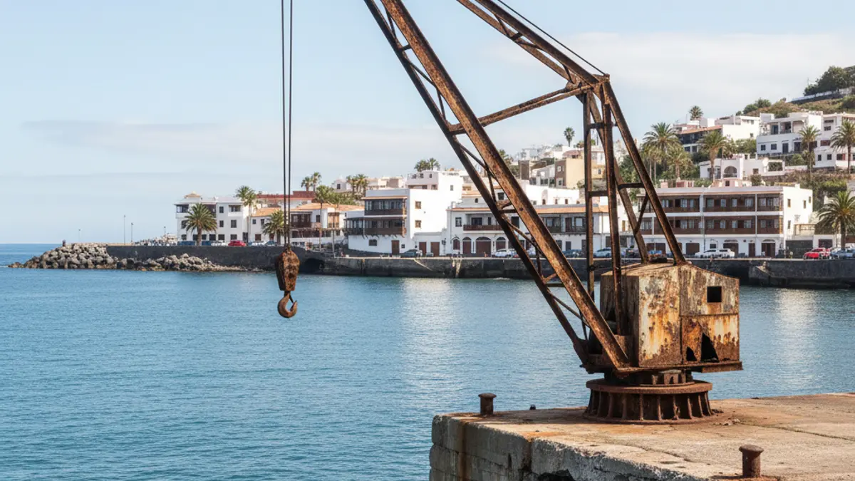 Image of an old crane on a pier, with the sea in the background.