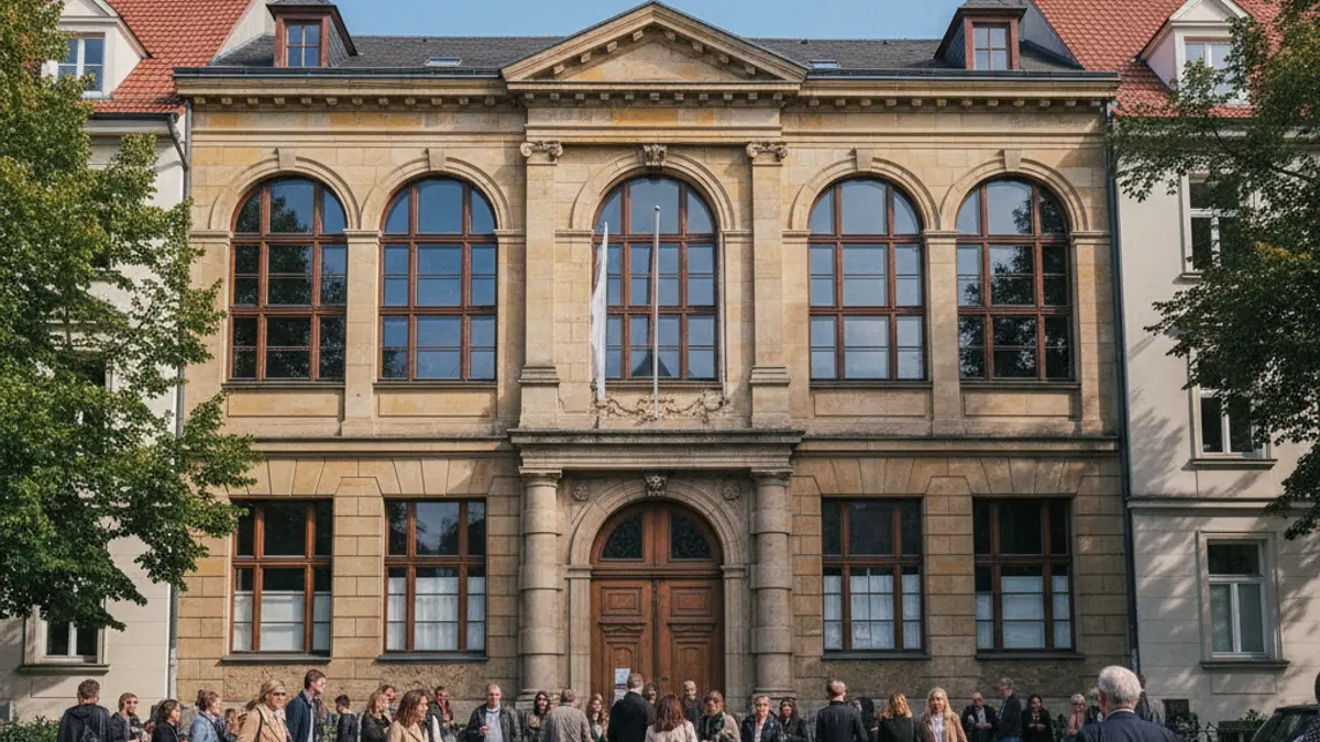 Facade of a historic children's school in a residential neighborhood.