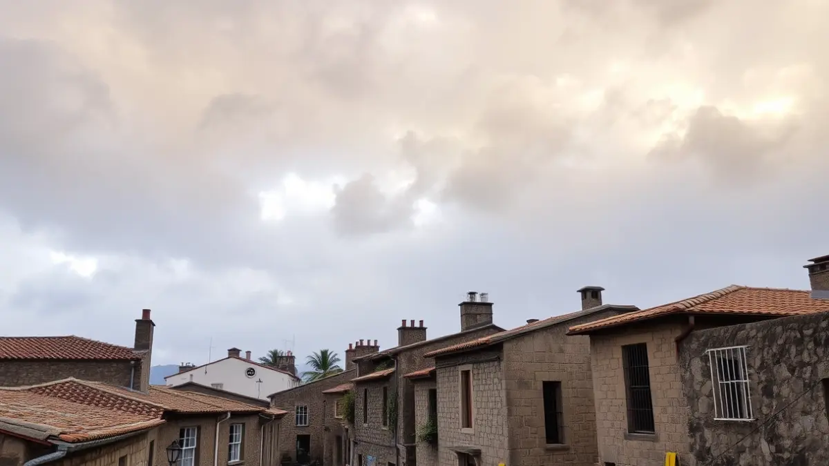 Generic image of a cloudy sky over a Canary Islands village, with stone houses and narrow streets.
