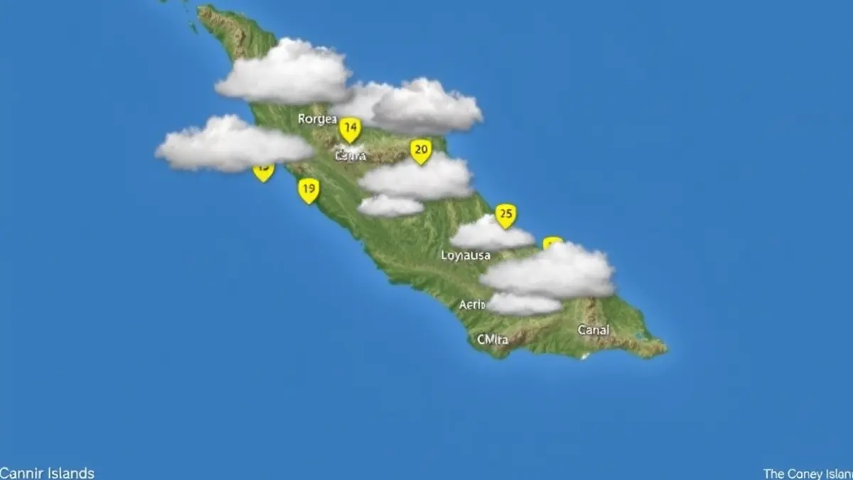 Weather map of the Canary Islands with clouds and light rain symbols.