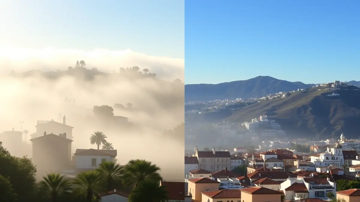 Imagen de un paisaje costero canario con niebla matutina que se disipa para dar paso a un día soleado.
