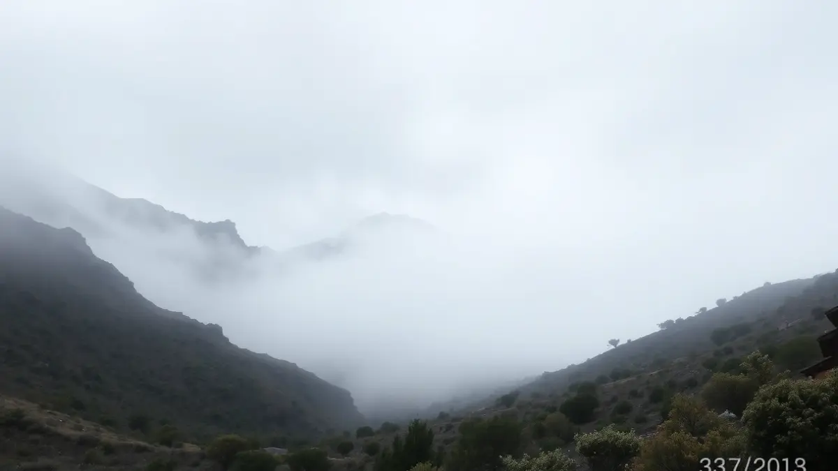 Imagen de un paisaje montañoso con niebla en Tenerife, reflejando el tiempo nuboso y húmedo.