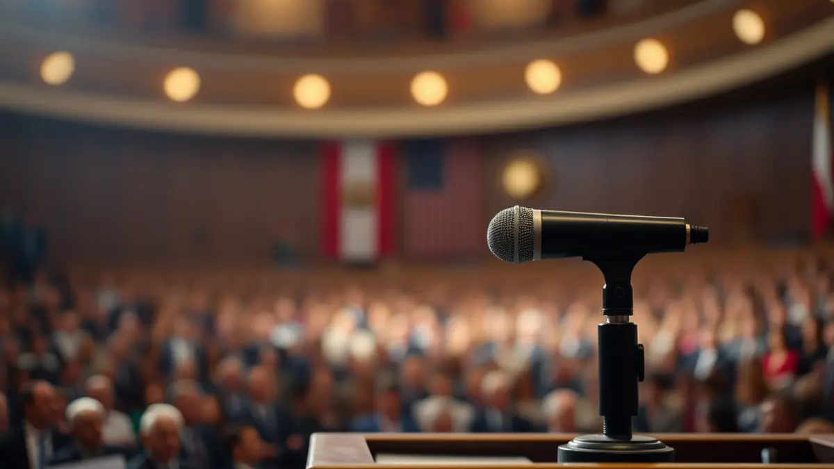 Generic image of a microphone on a podium, symbolizing a political event.