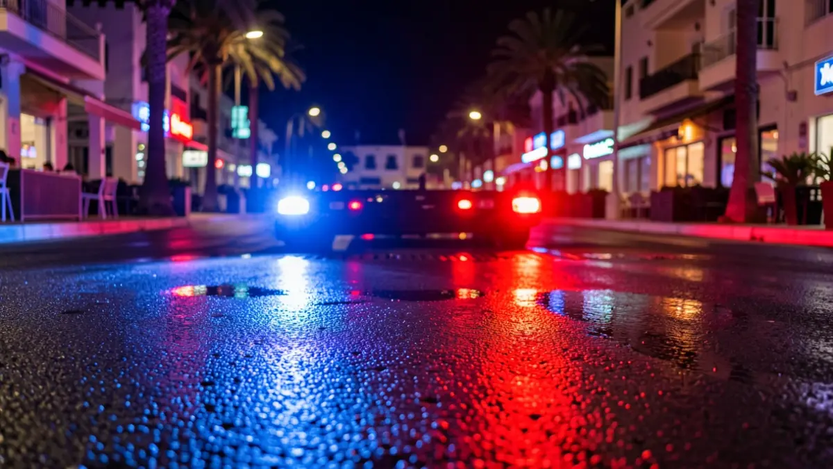 Generic image of police emergency lights reflecting on wet asphalt at night.