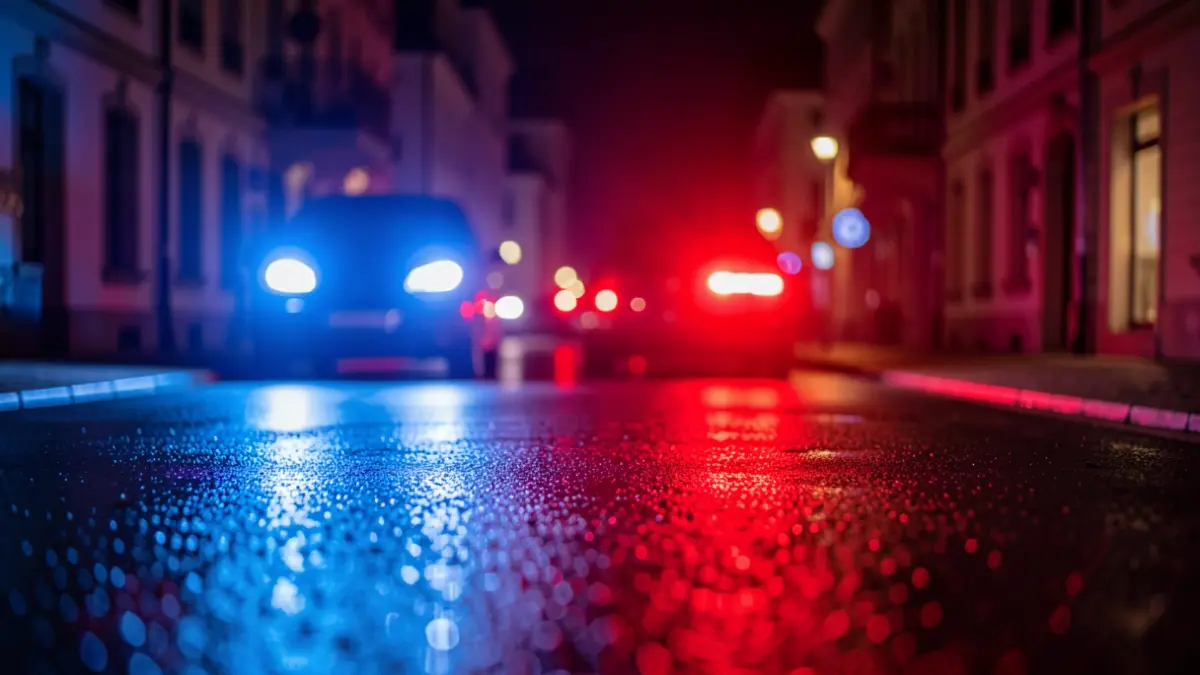 Imagen genérica de luces de emergencia policiales reflejadas en el asfalto.
