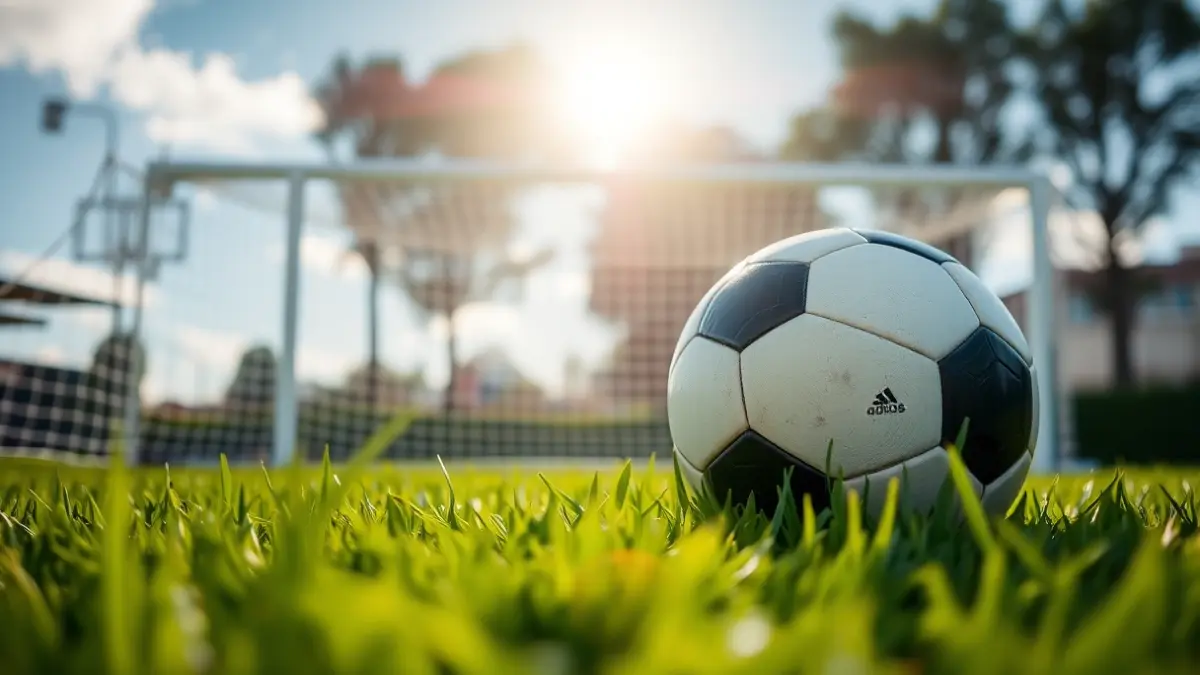 Imagen genérica de un balón de fútbol en el césped de un campo, con la portería desenfocada al fondo.