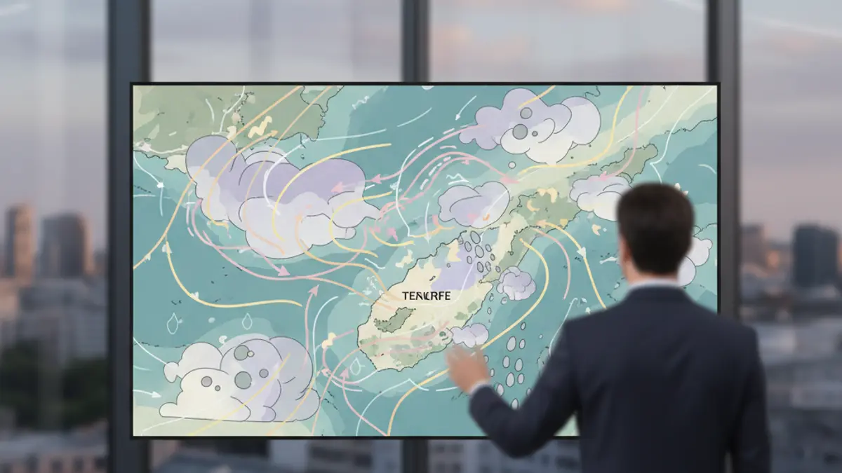 Generic image of a weather map showing wind and cloud forecast over the Canary Islands.