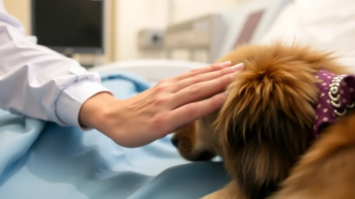 Generic image of a patient's hand petting a therapy animal in a hospital setting.