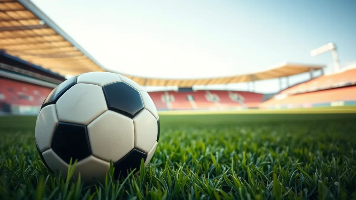 Generic image of a soccer ball on a field, with the stadium in the background.