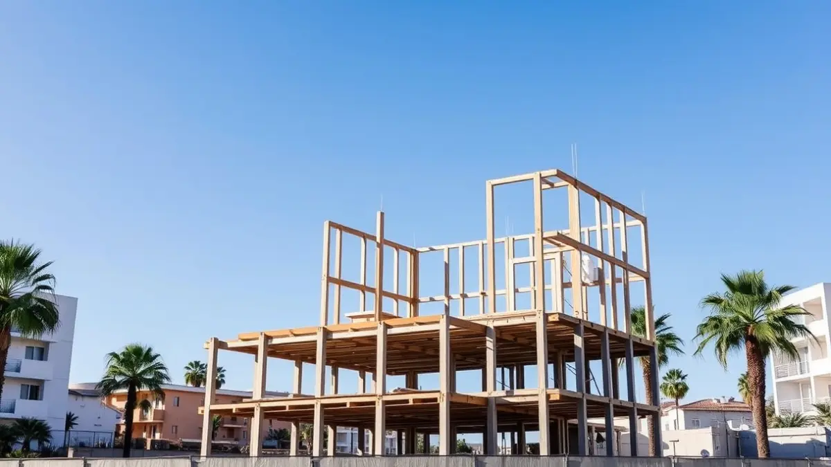 Imagen de un edificio en construcción en Canarias, con grúas y andamios bajo un cielo azul.